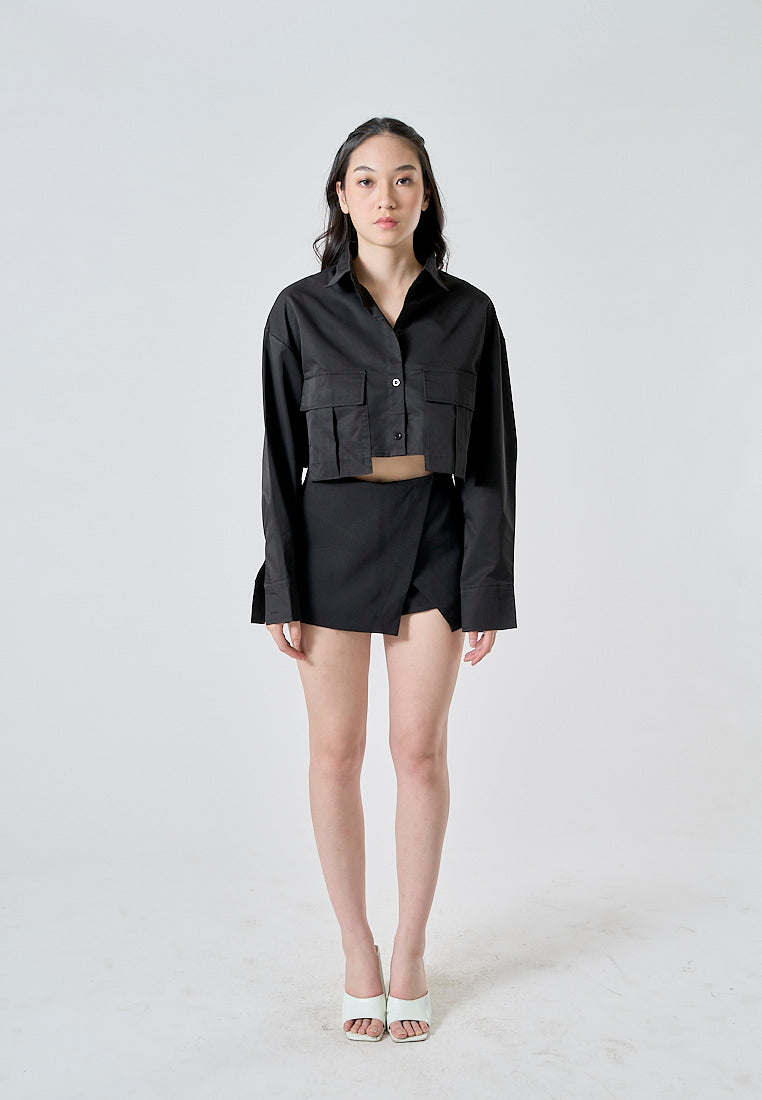 Zenith Jet Black Turn Down Collar Front Pockets Button Up Long Sleeves Polo Crop Top