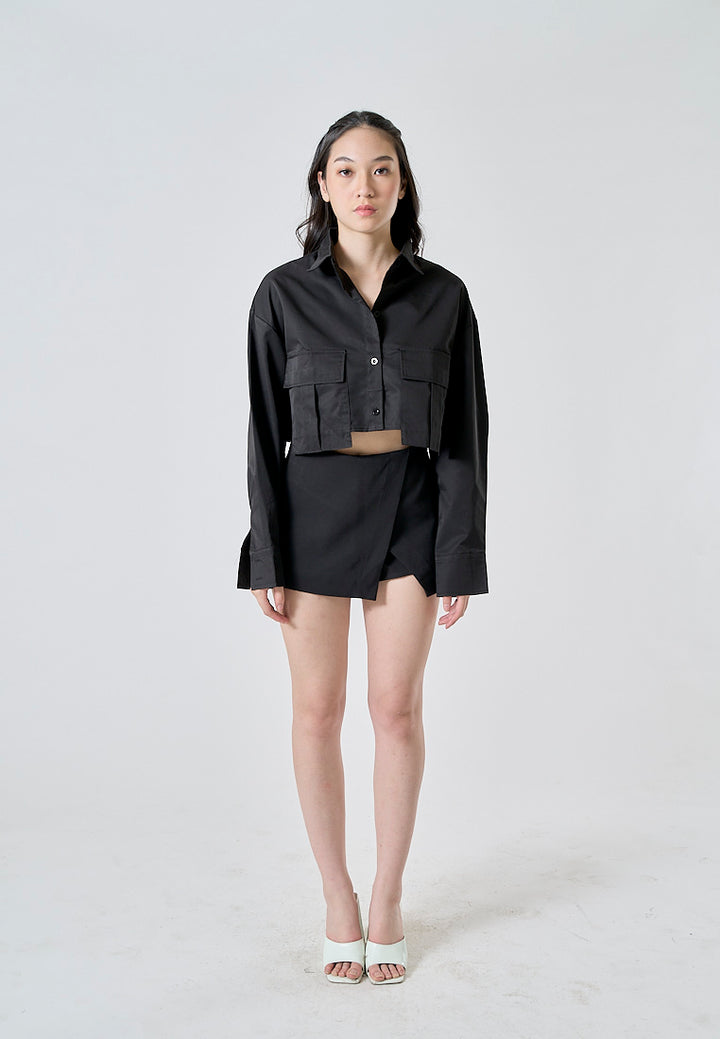 Zenith Jet Black Turn Down Collar Front Pockets Button Up Long Sleeves Polo Crop Top