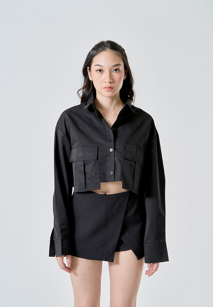 Zenith Jet Black Turn Down Collar Front Pockets Button Up Long Sleeves Polo Crop Top