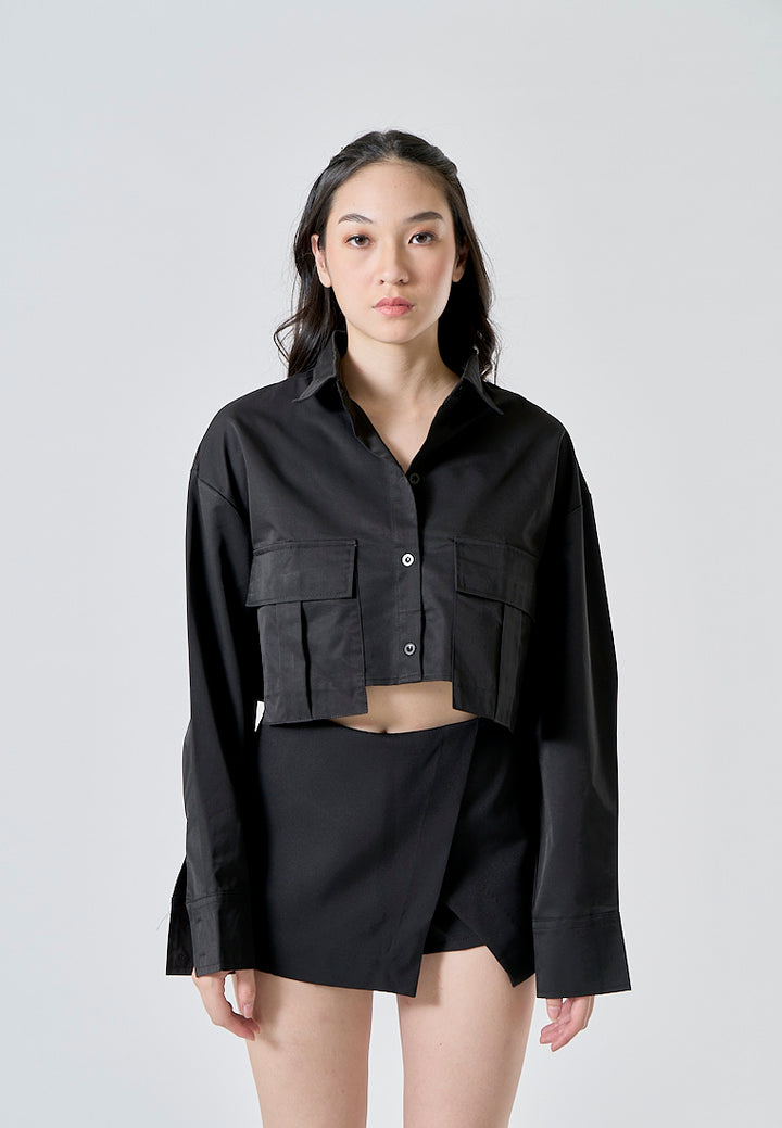 Zenith Jet Black Turn Down Collar Front Pockets Button Up Long Sleeves Polo Crop Top