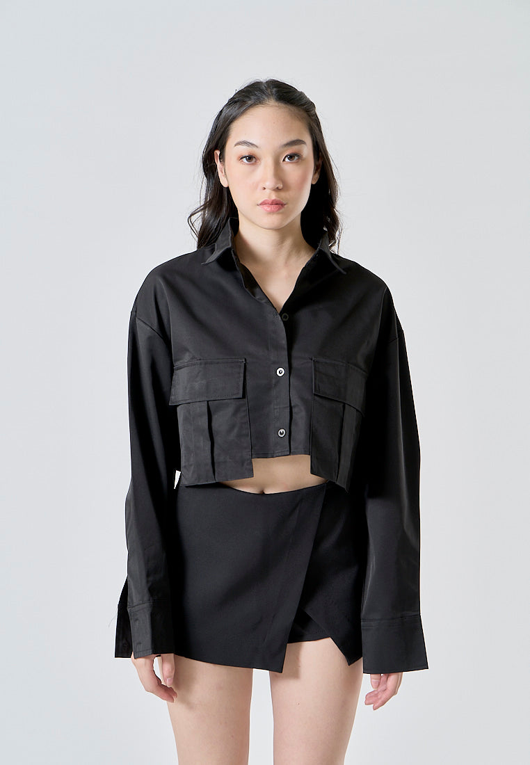 Zenith Jet Black Turn Down Collar Front Pockets Button Up Long Sleeves Polo Crop Top