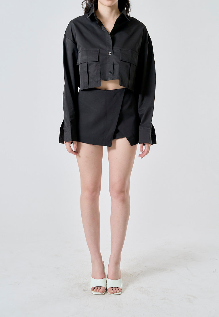 Zenith Jet Black Turn Down Collar Front Pockets Button Up Long Sleeves Polo Crop Top