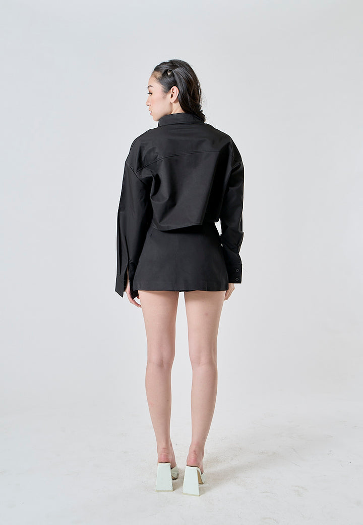 Zenith Jet Black Turn Down Collar Front Pockets Button Up Long Sleeves Polo Crop Top