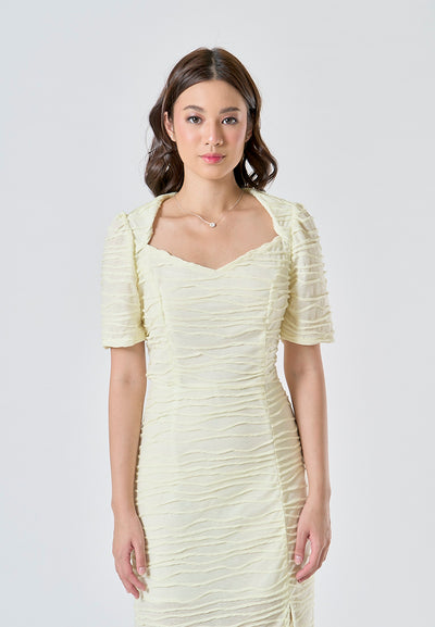 Marigold Pastel Yellow Textured Square Neck Short Sleeves Midi Dress