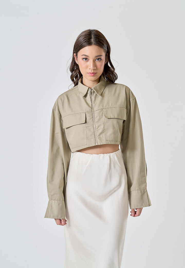 Jiovanna Moss Green Turn Down Collar Front Pockets Long Sleeves Crop Top