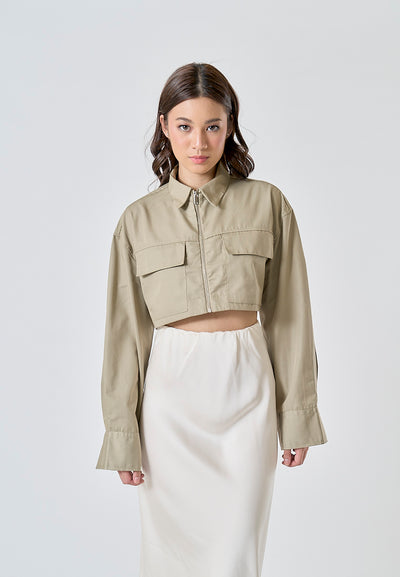 Jiovanna Moss Green Turn Down Collar Front Pockets Long Sleeves Crop Top