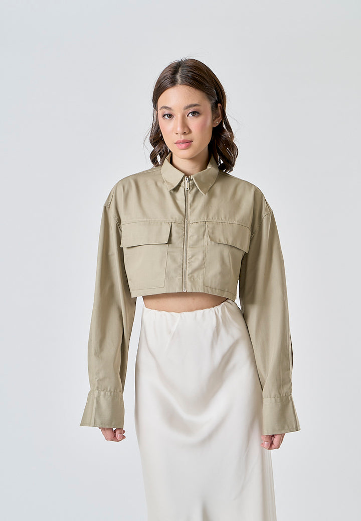 Jiovanna Moss Green Turn Down Collar Front Pockets Long Sleeves Crop Top