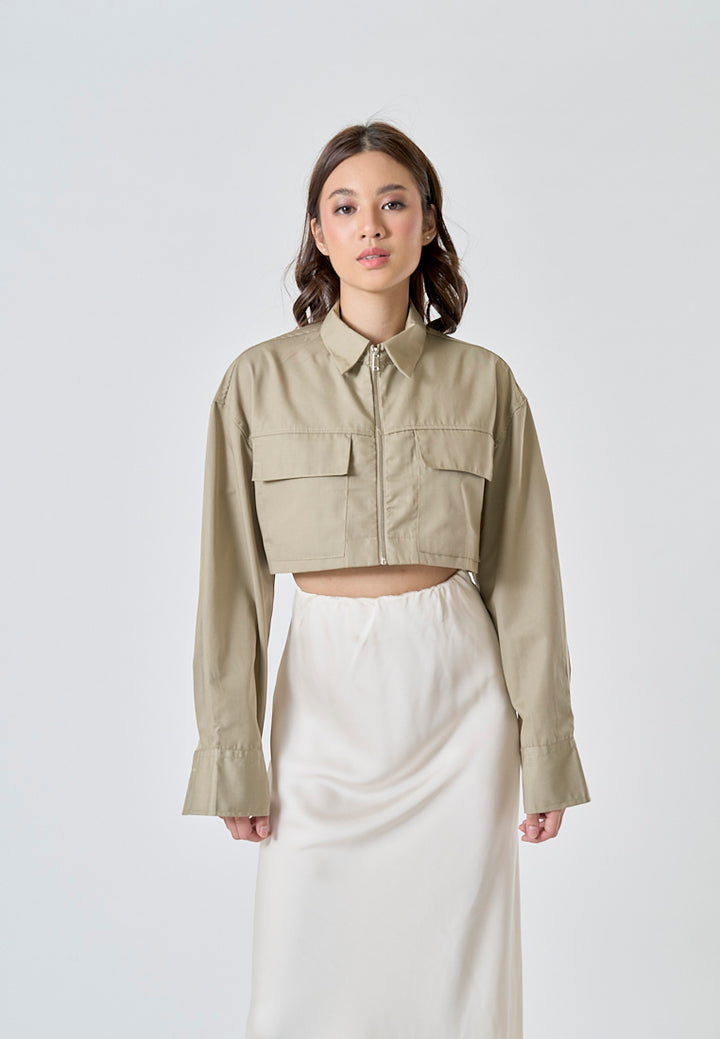 Jiovanna Moss Green Turn Down Collar Front Pockets Long Sleeves Crop Top