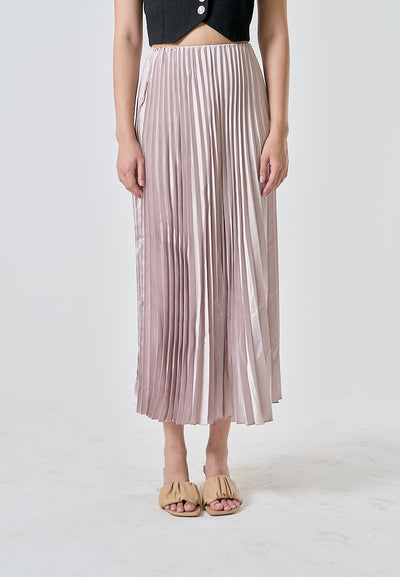 Sylvia Beige Pleated Elastic Waist A-Line Midi Skirt