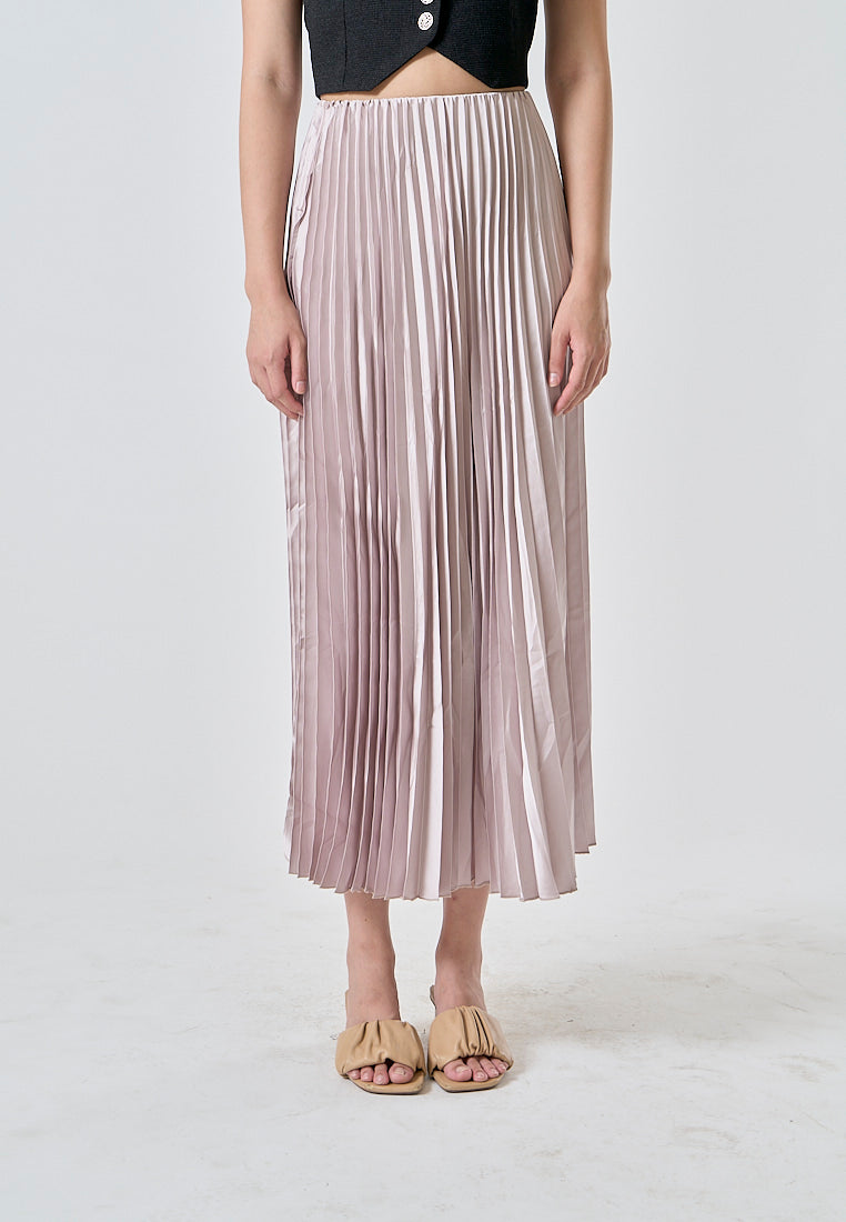 Sylvia Beige Pleated Elastic Waist A-Line Midi Skirt