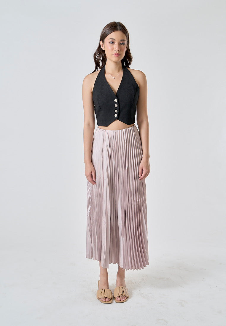 Sylvia Beige Pleated Elastic Waist A-Line Midi Skirt