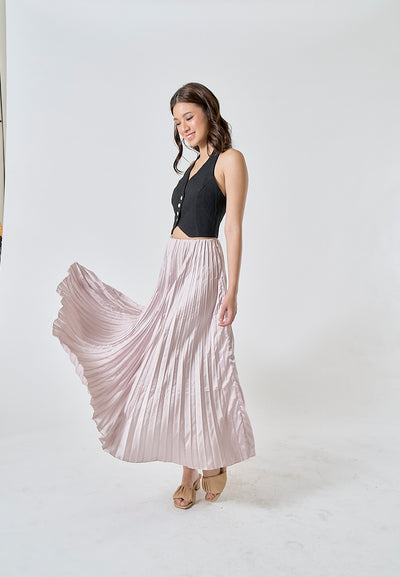 Sylvia Beige Pleated Elastic Waist A-Line Midi Skirt