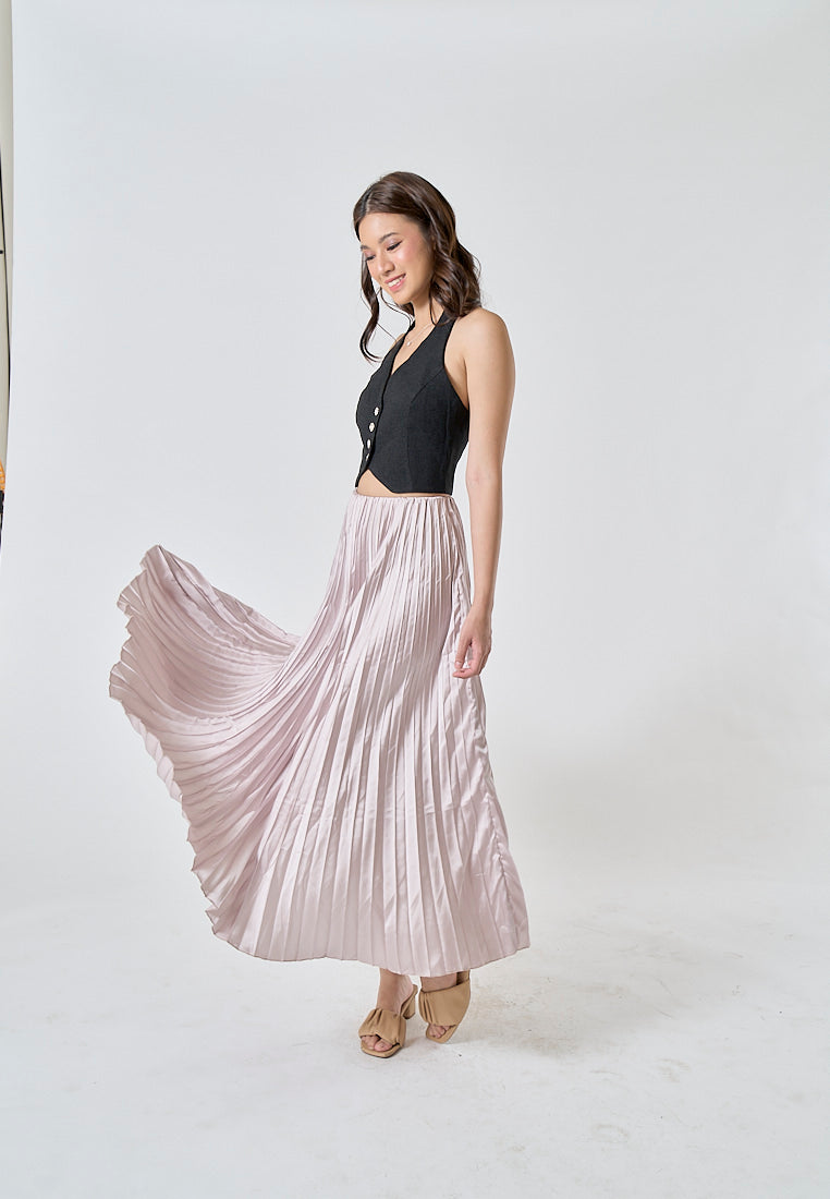 Sylvia Beige Pleated Elastic Waist A-Line Midi Skirt