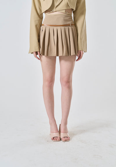 Westley Sand Beige Sashes Pleated Zipper Fly Mini Skirt