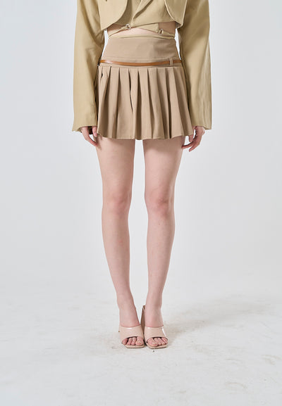 Westley Sand Beige Sashes Pleated Zipper Fly Mini Skirt