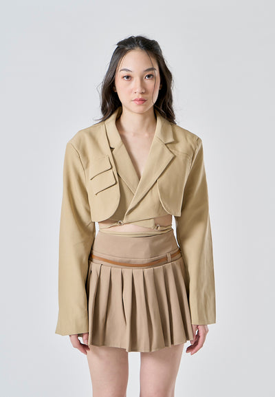 Westley Sand Beige Sashes Pleated Zipper Fly Mini Skirt