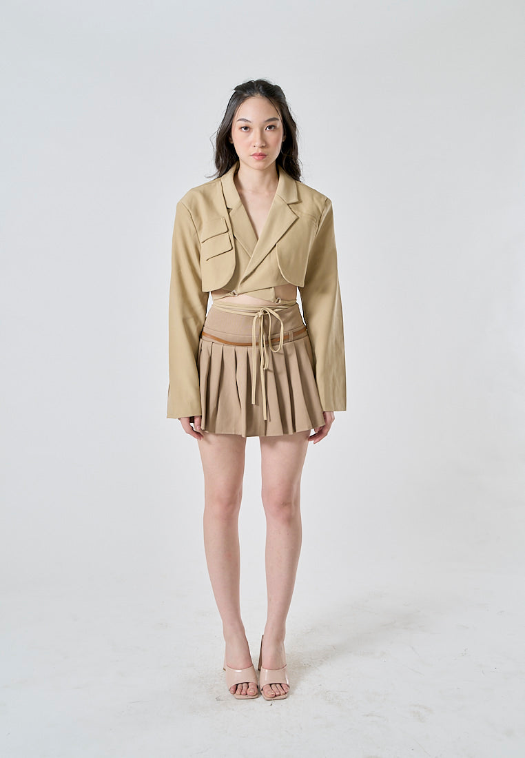 Westley Sand Beige Sashes Pleated Zipper Fly Mini Skirt