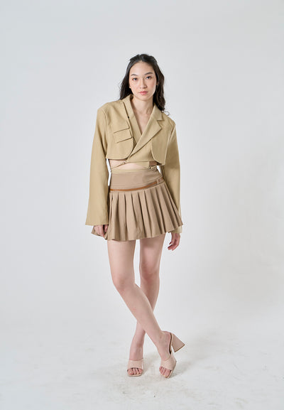 Westley Sand Beige Sashes Pleated Zipper Fly Mini Skirt