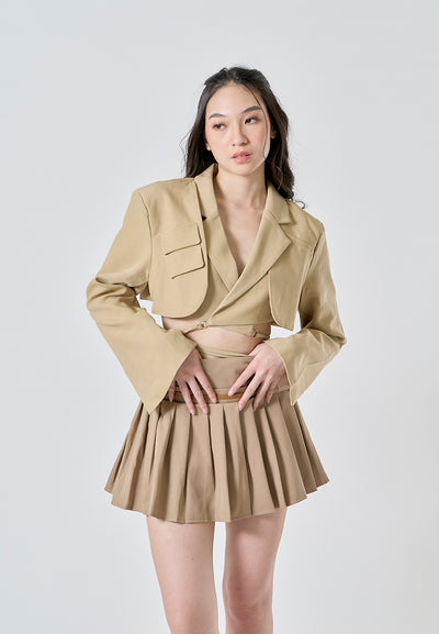 Westley Sand Beige Sashes Pleated Zipper Fly Mini Skirt