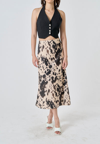 Hyena Black Beige Abstract Print Zipper Fly A-Line Midi Skirt