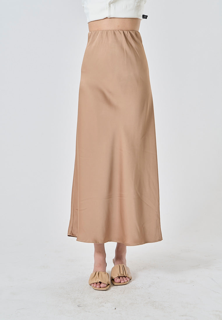 Sanity Khaki Satin Elastic Waist A-Line Maxi Skirt