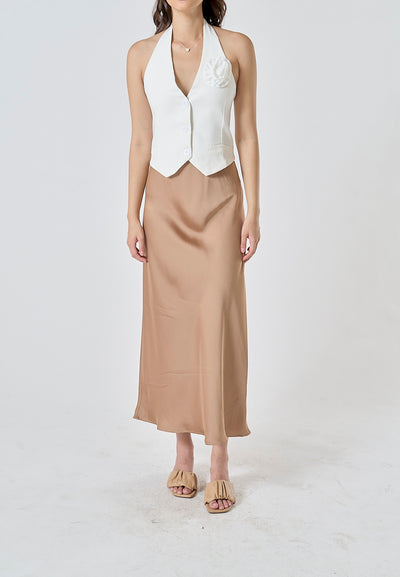 Sanity Khaki Satin Elastic Waist A-Line Maxi Skirt