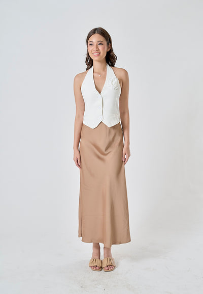 Sanity Khaki Satin Elastic Waist A-Line Maxi Skirt