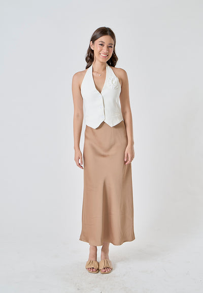 Sanity Khaki Satin Elastic Waist A-Line Maxi Skirt