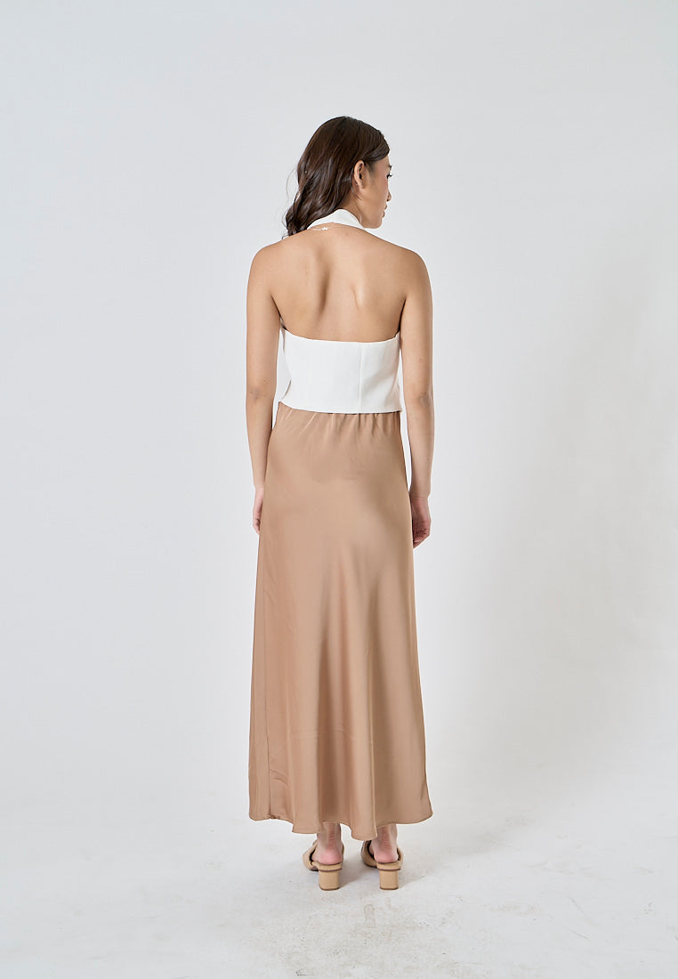 Sanity Khaki Satin Elastic Waist A-Line Maxi Skirt