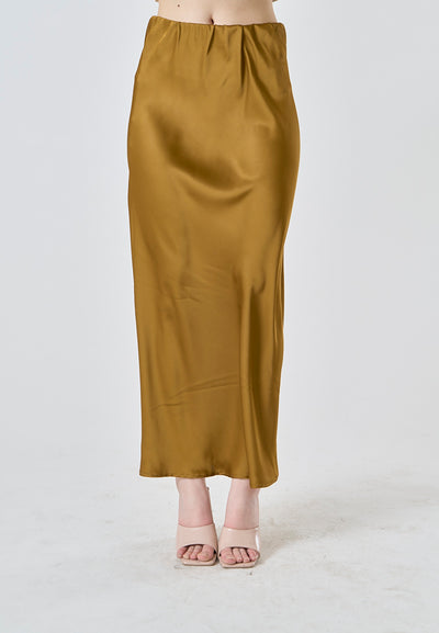 Sanity Caramel Brown Satin Elastic Waist A-Line Maxi Skirt