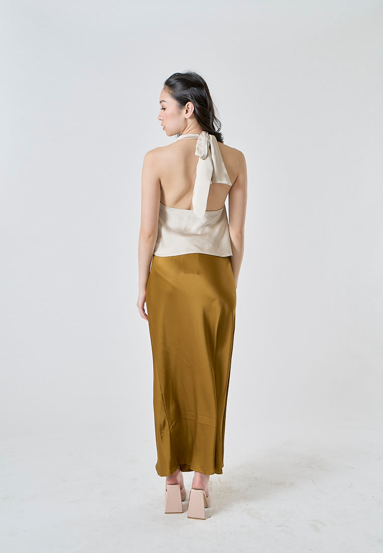 Sanity Caramel Brown Satin Elastic Waist A-Line Maxi Skirt