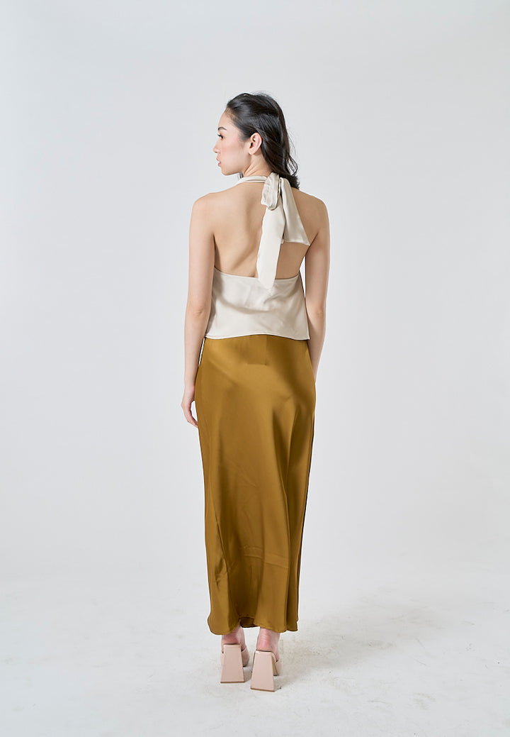 Sanity Caramel Brown Satin Elastic Waist A-Line Maxi Skirt