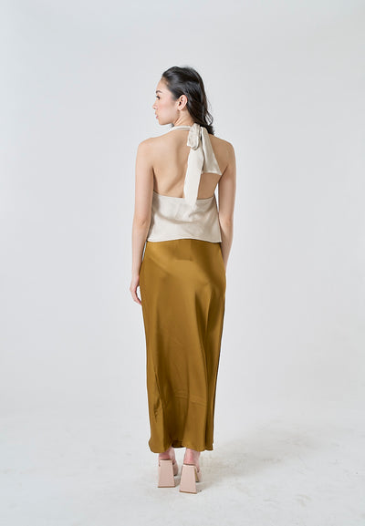 Sanity Caramel Brown Satin Elastic Waist A-Line Maxi Skirt