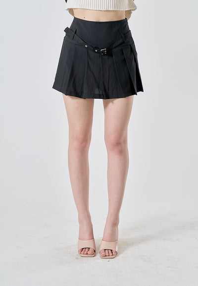 Winslow Black Pleated Sexy Mini Skirt with Belt