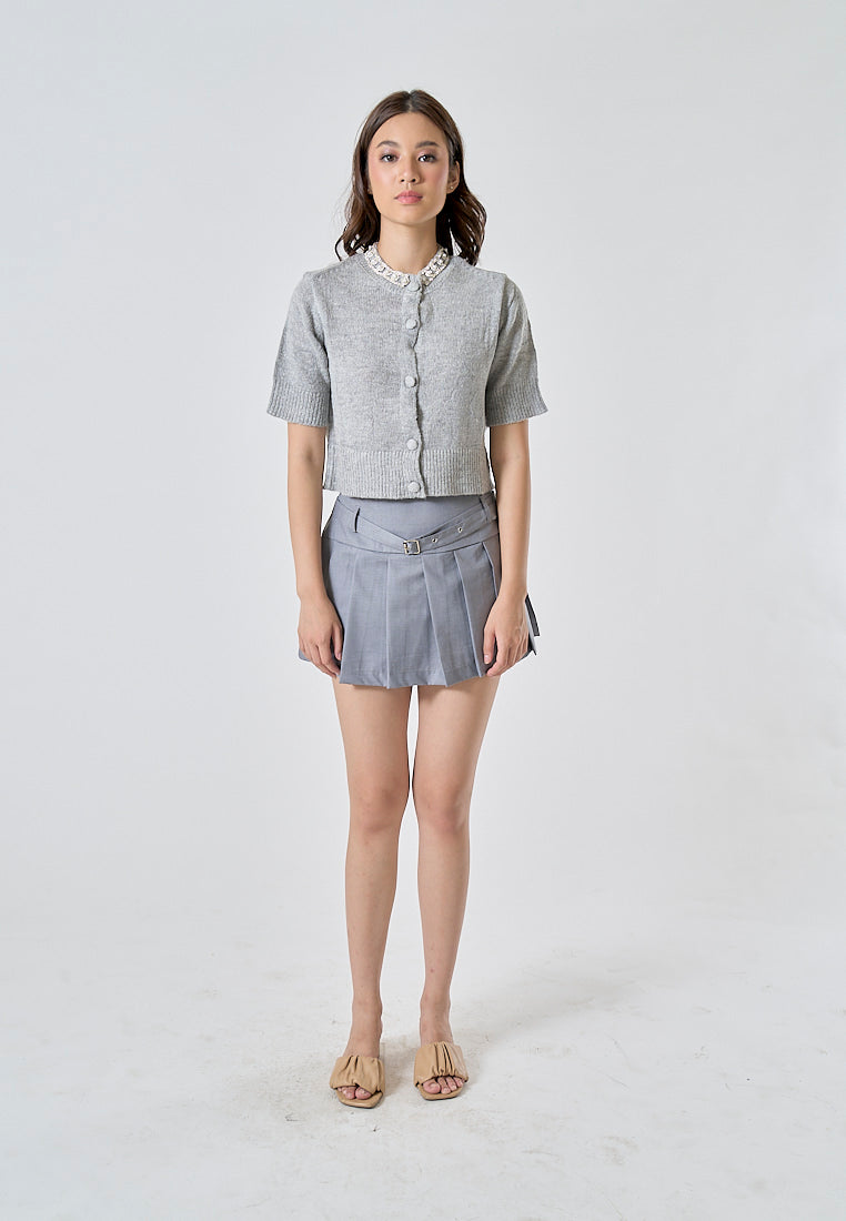 Winslow Moon Gray Pleated Sexy Mini Skirt with Belt