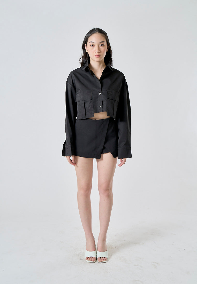 Wren Black Front Overlap Side Zipper Casual Mini Skorts