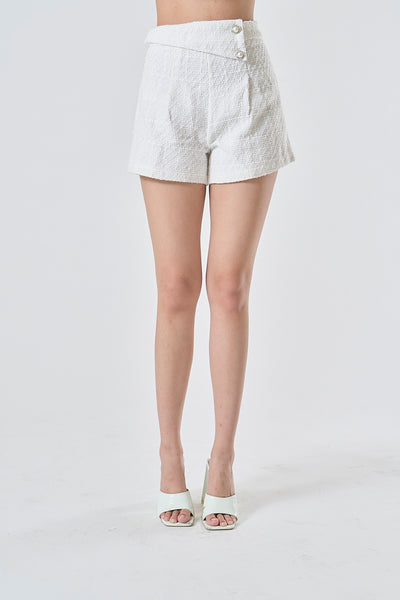 Eirwen Apricot White Side Buttons Back Zipper Tweed Shorts