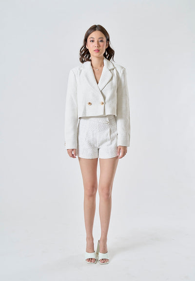 Eirwen Apricot White Side Buttons Back Zipper Tweed Shorts