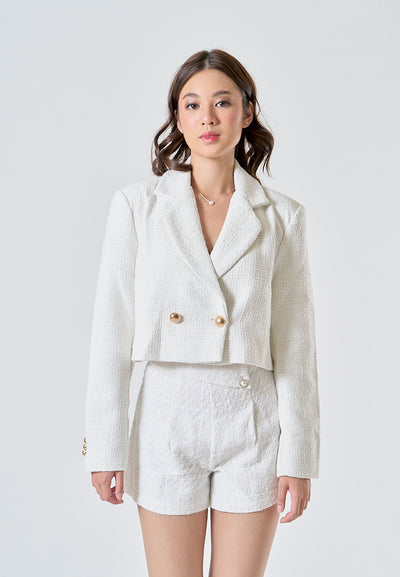 Eirwen Apricot White Side Buttons Back Zipper Tweed Shorts