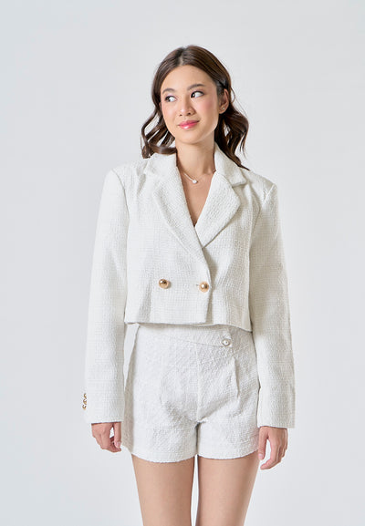 Eirwen Apricot White Side Buttons Back Zipper Tweed Shorts