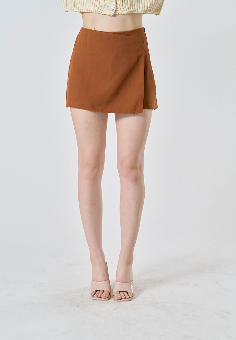 Emerie Caramel Brown Overlap Side Zipper Casual Mini Skort