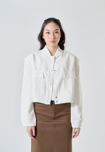 Freydis Ivory White Crew Neck Button Down Long Sleeves Pilot Jacket