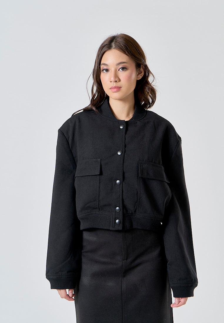 Freydis Black Crew Neck Button Down Long Sleeves Pilot Jacket