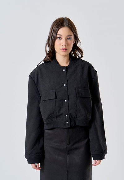 Freydis Black Crew Neck Button Down Long Sleeves Pilot Jacket