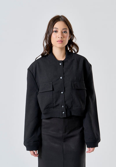 Freydis Black Crew Neck Button Down Long Sleeves Pilot Jacket