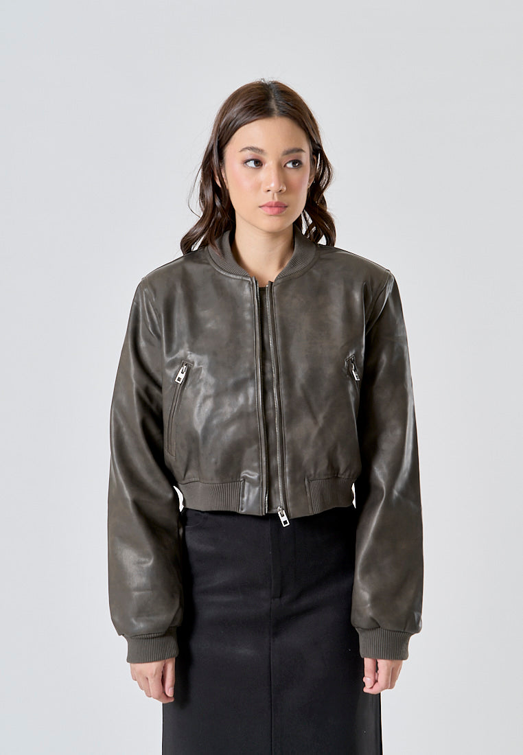 Brooks Moss Green Faux Leather Crew Neck Zip Up Long Sleeves Pilot