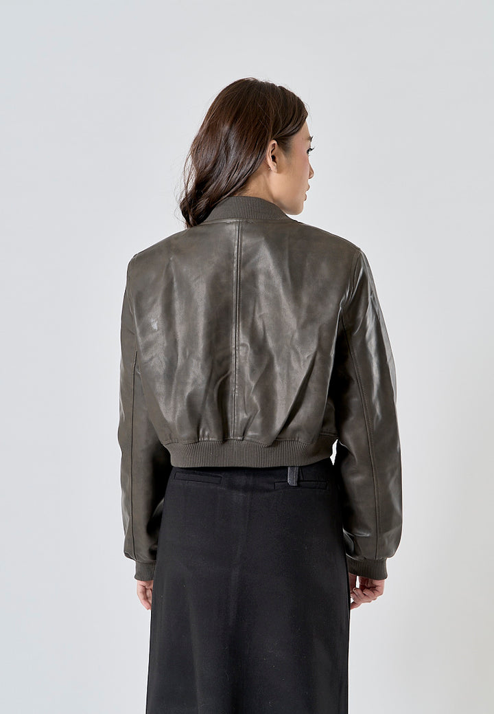 Brooks Moss Green Faux Leather Crew Neck Zip Up Long Sleeves Pilot Jacket
