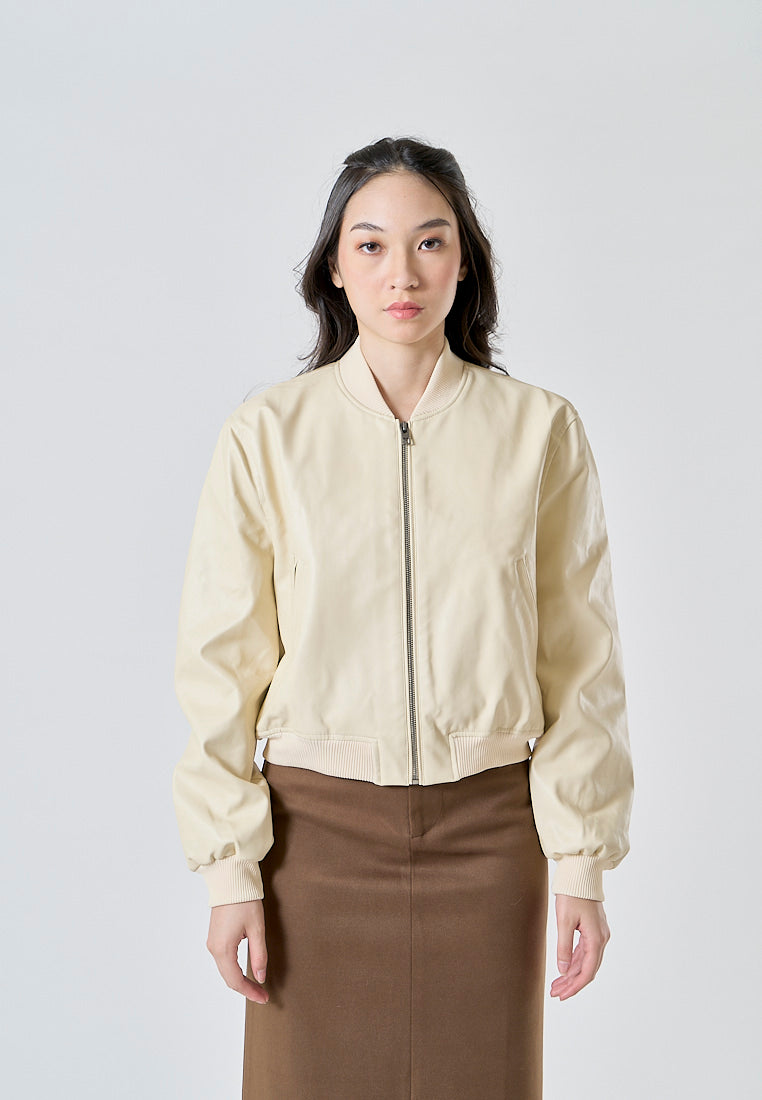 Damian Beige Latte Faux Leather Crew Neck Zip Up Long Sleeves Pilot Jacket