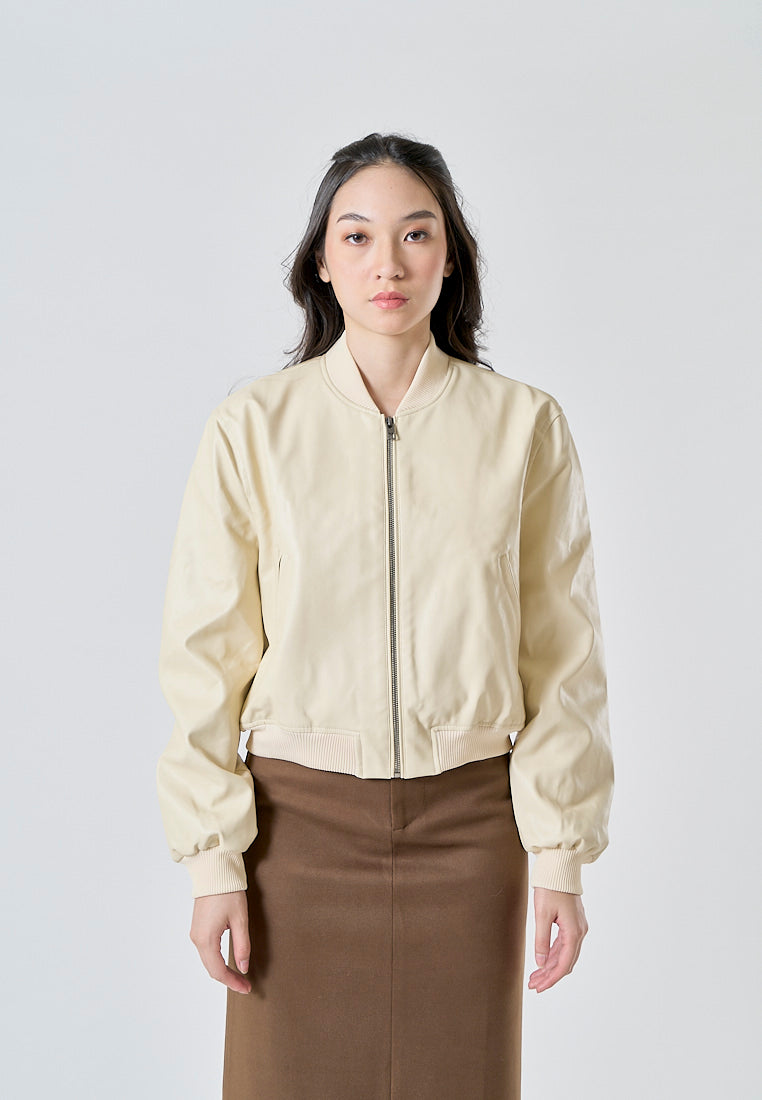 Damian Beige Latte Faux Leather Crew Neck Zip Up Long Sleeves Pilot Jacket