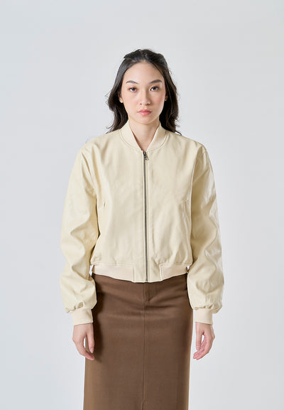 Damian Beige Latte Faux Leather Crew Neck Zip Up Long Sleeves Pilot Jacket